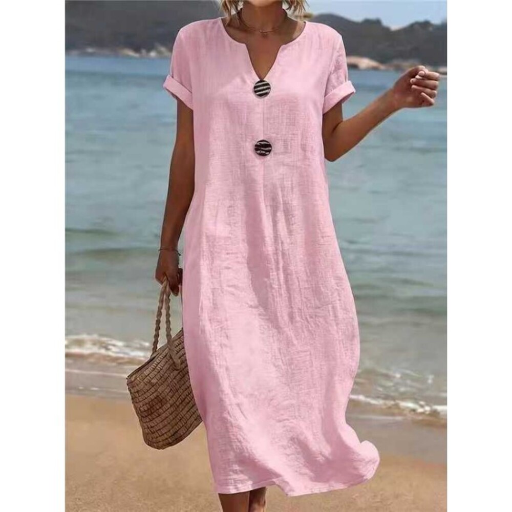 Women's Pink V-Neck Short-Sleeve Relaxed Linen-Look Maxi Dress